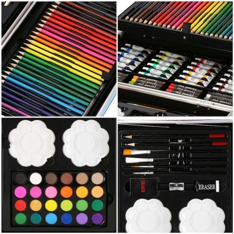 Set pictura si desen pentru copii, 145 piese, creioane, markere, acuarele, pasteluri, geanta aluminiu cu maner, albastru [3]