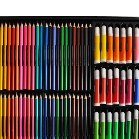 Set pictura si desen pentru copii, 258 piese, creioane, acuarele, markere, pasteluri si accesorii, cutie depozitare din lemn, negru [1]