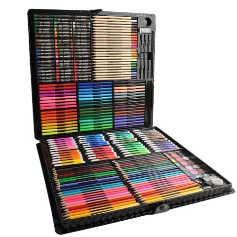 Set pictura si desen pentru copii, 258 piese, creioane, acuarele, markere, pasteluri si accesorii, cutie depozitare din lemn, negru