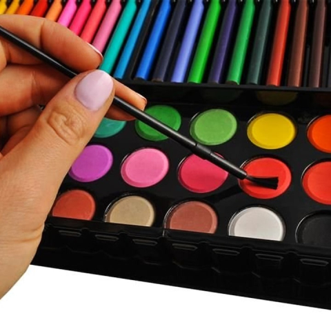 Set pictura si desen pentru copii, 258 piese, creioane, acuarele, markere, pasteluri si accesorii, cutie depozitare din lemn, negru [4]
