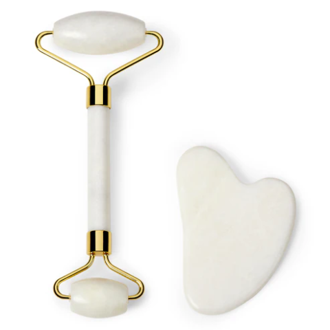 Set Premium pentru Masaj Facial, Roller din Jad Alb cu Design Auriu si Piatra Gua Sha, Efect Anti-Riduri [1]