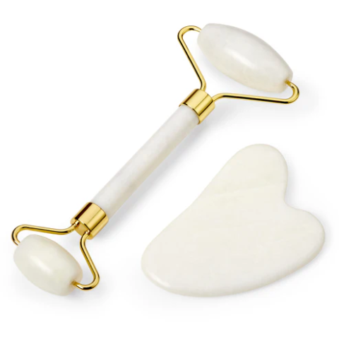 Set Premium pentru Masaj Facial, Roller din Jad Alb cu Design Auriu si Piatra Gua Sha, Efect Anti-Riduri