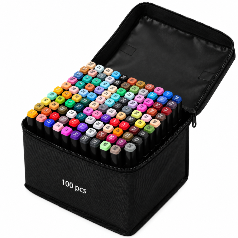 JOCURI ȘI JUCĂRII - Set profesional 100 markere multicolore cu doua capete, varf fin 1 mm si tesit 3-6 mm, suport organizator compartimentat si geanta