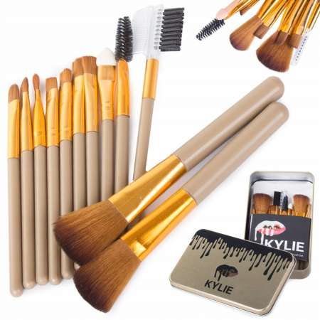 Cosmetice fata - Set profesional 12 pensule de machiaj, depozitate in cutie metalica