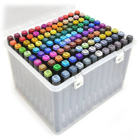 Set profesional 168 markere artistice pe baza de alcool, multicolor, cu doua varfuri si cutie rigida pentru organizare si transport