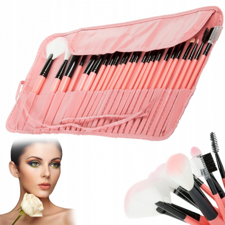 Cosmetice fata - Set profesional 24 pensule de machiaj, husa de depozitare inclusa - Roz