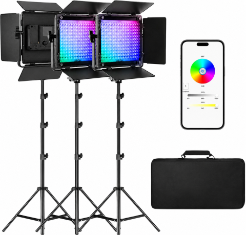 Iluminat LED - Set profesional 3 panouri LED RGB pentru studio foto-video, 19500 Lux/0.5 m, 3200K-5600K, CRI97+, control prin aplicatie, cu 3 trepiede si geanta transport