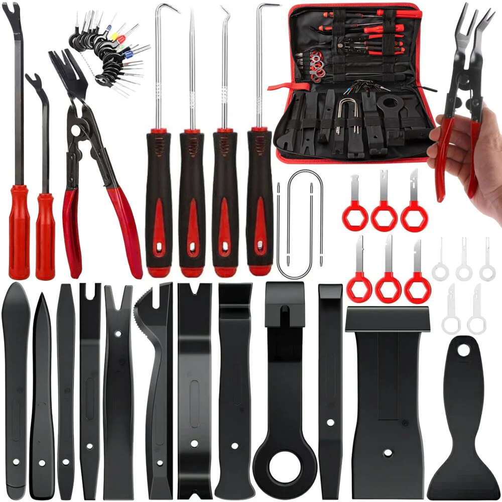 ARTICOLE AUTO - Set profesional 43 piese pentru demontare tapiterie auto, panouri, cleme si radiouri, cu husa de transport, unelte din plastic si metal