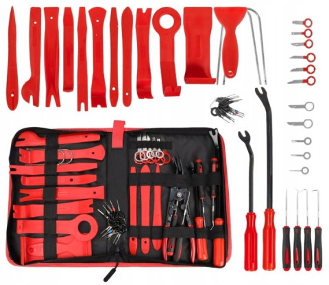 Set profesional 43 unelte pentru demontare tapiterie auto si radio, extractoare clipsuri, panouri, ornamente si conectori, cu geanta pentru organizare