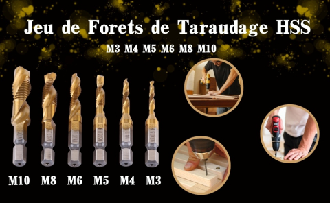 Set profesional 6 burghie cu tarod galben M3-M10, HSS titan, hexagonal 6.35 mm, pentru gaurire, filetare si sanfrenare, aluminiu, alama, plastic [13]
