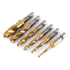 CASA & GRADINA - Set profesional 6 burghie cu tarod galben M3-M10, HSS titan, hexagonal 6.35 mm, pentru gaurire, filetare si sanfrenare, aluminiu, alama, plastic