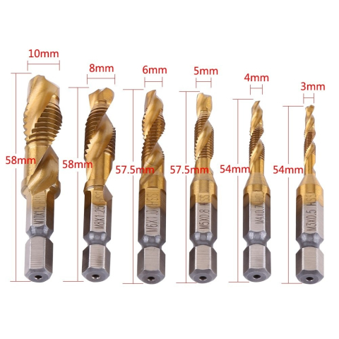 Set profesional 6 burghie cu tarod galben M3-M10, HSS titan, hexagonal 6.35 mm, pentru gaurire, filetare si sanfrenare, aluminiu, alama, plastic [6]