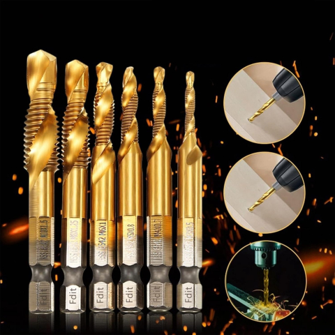 Set profesional 6 burghie cu tarod galben M3-M10, HSS titan, hexagonal 6.35 mm, pentru gaurire, filetare si sanfrenare, aluminiu, alama, plastic [9]