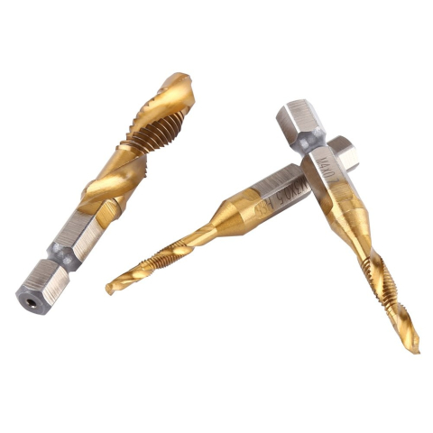 Set profesional 6 burghie cu tarod galben M3-M10, HSS titan, hexagonal 6.35 mm, pentru gaurire, filetare si sanfrenare, aluminiu, alama, plastic [11]