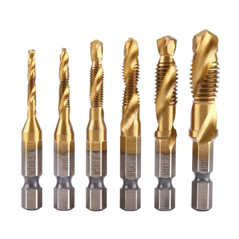 Set profesional 6 burghie cu tarod galben M3-M10, HSS titan, hexagonal 6.35 mm, pentru gaurire, filetare si sanfrenare, aluminiu, alama, plastic [4]