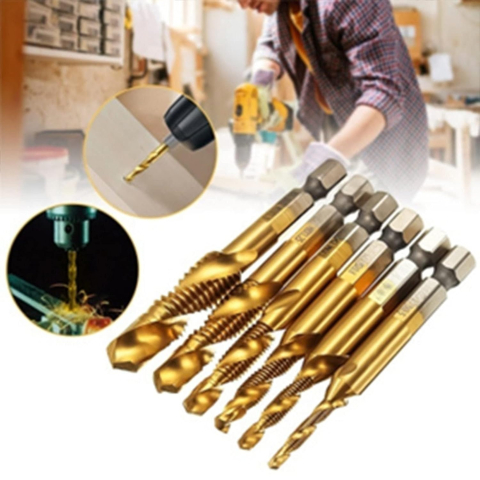 Set profesional 6 burghie cu tarod galben M3-M10, HSS titan, hexagonal 6.35 mm, pentru gaurire, filetare si sanfrenare, aluminiu, alama, plastic [8]