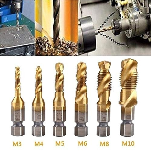 Set profesional 6 burghie cu tarod galben M3-M10, HSS titan, hexagonal 6.35 mm, pentru gaurire, filetare si sanfrenare, aluminiu, alama, plastic [7]