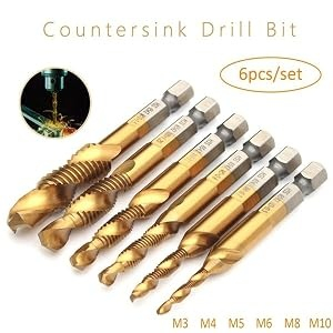 Set profesional 6 burghie cu tarod galben M3-M10, HSS titan, hexagonal 6.35 mm, pentru gaurire, filetare si sanfrenare, aluminiu, alama, plastic [14]