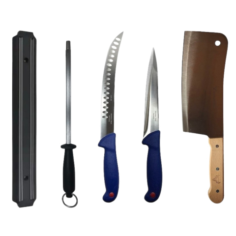 Cutite si tacamuri - Set profesional de macelarie, 2 cutite otel carbon, injunghiat, transat, degresat, suport magnetic, masat pentru ascutit, satar