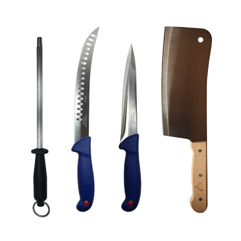 Cutite si tacamuri - Set profesional de macelarie, 2 cutite otel carbon, injunghiat, transat, degresat, masat pentru ascutit, satar