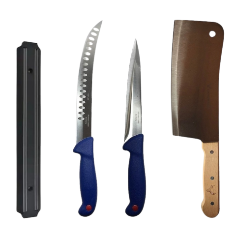 Cutite si tacamuri - Set profesional de macelarie, 2 cutite otel carbon, injunghiat, transat, degresat, satar, suport magnetic