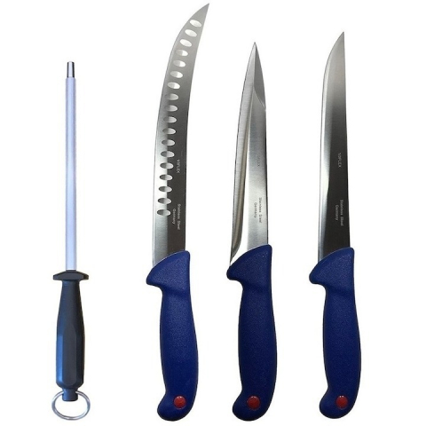 Cutite si tacamuri - Set profesional de macelarie, dezosat, injunghiat, transat, filetat, 3 cutite, masat pentru ascutit