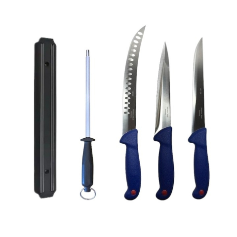 Cutite si tacamuri - Set profesional de macelarie, dezosat, injunghiat, transat, filetat, 3 cutite, masat pentru ascutit, suport magnetic