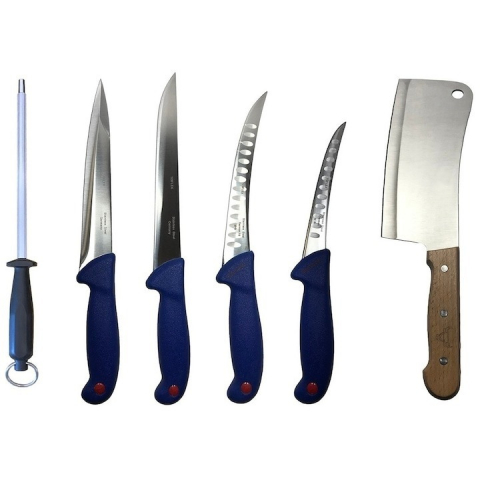 Cutite si tacamuri - Set profesional de macelarie, dezosat, injunghiat, transat, filetat, satar, 4 cutite si masat pentru ascutit