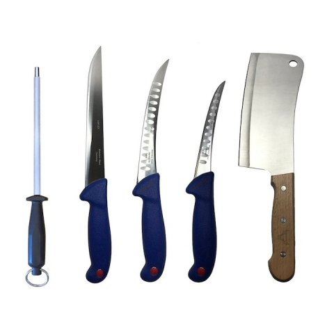 Cutite si tacamuri - Set profesional de macelarie, dezosat, injunghiat, transat, filetat, satar, masat pentru ascutit, 3 cutite otel carbon