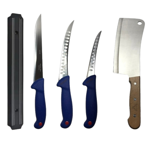 Cutite si tacamuri - Set profesional de macelarie, dezosat, injunghiat, transat, filetat, satar, suport magnetic, 3 cutite otel carbon