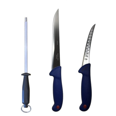 Cutite si tacamuri - Set profesional de macelarie, dezosat, transat, filetat, 2 cutite, otel carbon, masat pentru ascutit