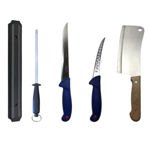 Cutite si tacamuri - Set profesional de macelarie, dezosat, transat, filetat, 2 cutite, otel carbon, masat pentru ascutit, satar, suport magnetic