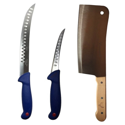 Cutite si tacamuri - Set profesional de macelarie, fasonat, transat, degresat, dezosat, 2 cutite, satar