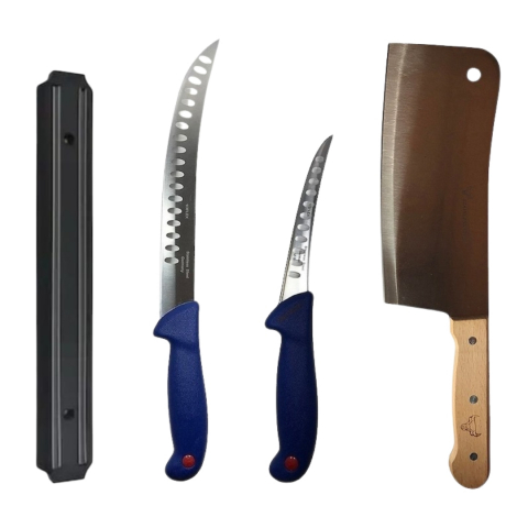 Cutite si tacamuri - Set profesional de macelarie, fasonat, transat, degresat, dezosat, 2 cutite, suport magnetic, satar