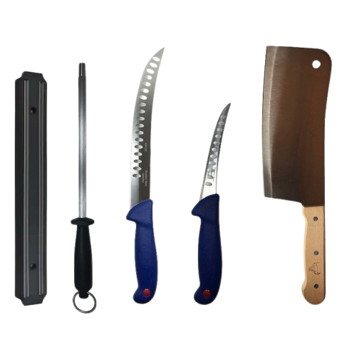 Cutite si tacamuri - Set profesional de macelarie, fasonat, transat, degresat, dezosat, 2 cutite, suport magnetic, satar, masat pentru ascutit