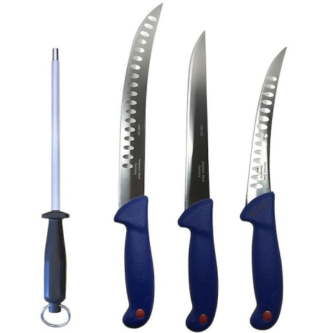 Cutite si tacamuri - Set profesional de macelarie, filetat, injunghiat, transat, dezosat, 3 cutite, masat pentru ascutit