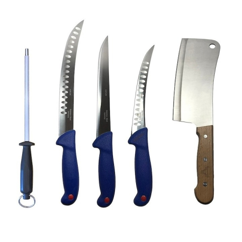 Cutite si tacamuri - Set profesional de macelarie, filetat, injunghiat, transat, dezosat, 3 cutite, masat pentru ascutit, satar