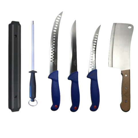 Cutite si tacamuri - Set profesional de macelarie, filetat, injunghiat, transat, dezosat, 3 cutite, masat pentru ascutit, satar, suport magnetic