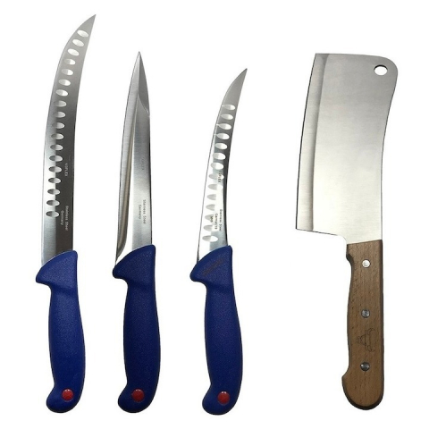 Cutite si tacamuri - Set profesional de macelarie, filetat, injunghiat, transat, dezosat, 3 cutite, satar
