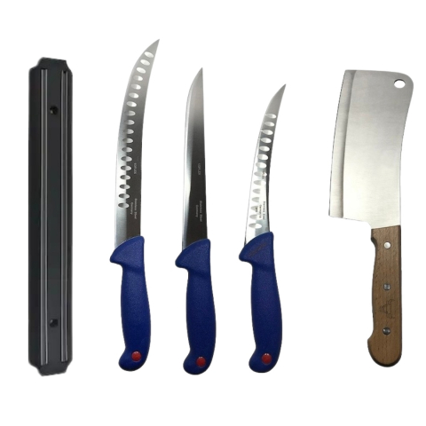 Cutite si tacamuri - Set profesional de macelarie, filetat, injunghiat, transat, dezosat, 3 cutite, satar, suport magnetic