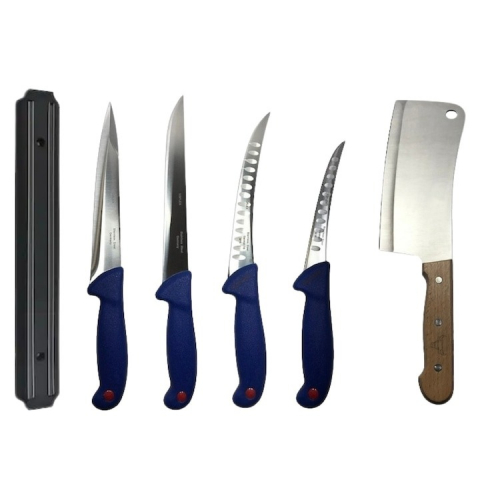 Cutite si tacamuri - Set profesional de macelarie, filetat, injunghiat, transat, dezosat, 4 cutite, suport magnetic si satar