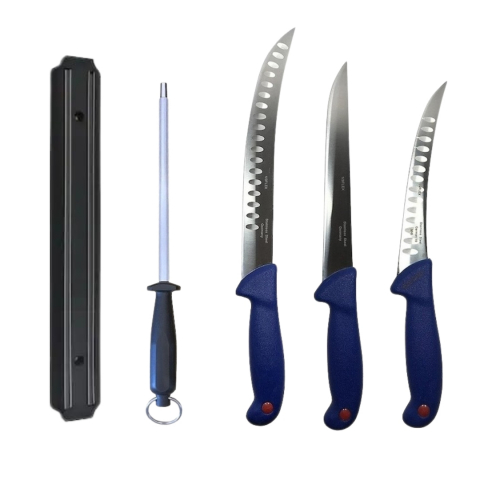 Cutite si tacamuri - Set profesional de macelarie, filetat, injunghiat, transat, dezosat, masat pentru ascutit, 3 cutite, suport magnetic