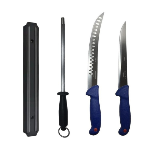 Cutite si tacamuri - Set profesional de macelarie, filetat transat, degresat, feliat, 2 cutite, suport magnetic, masat pentru ascutit