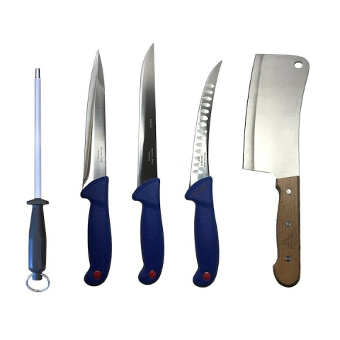 Cutite si tacamuri - Set profesional de macelarie, filetat, transat, injunghiat, dezosat, otel carbon, 3 cutite, masat pentru ascutit, satar