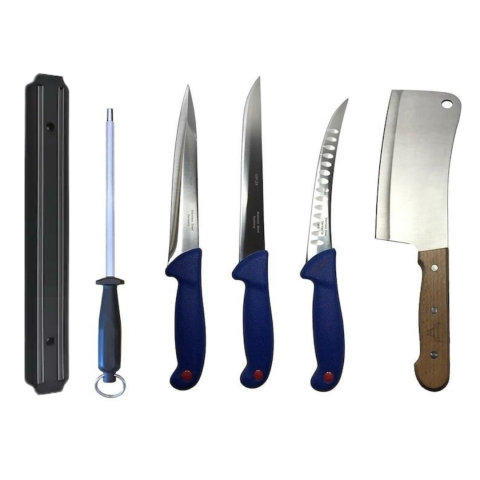 Cutite si tacamuri - Set profesional de macelarie, filetat, transat, injunghiat, dezosat, otel carbon, 3 cutite, masat pentru ascutit, satar, suport magnetic