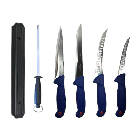 Cutite si tacamuri - Set profesional de macelarie, injunghiat, dezosat, transat, filetat, 4 cutite, suport magnetic si masat pentru ascutit