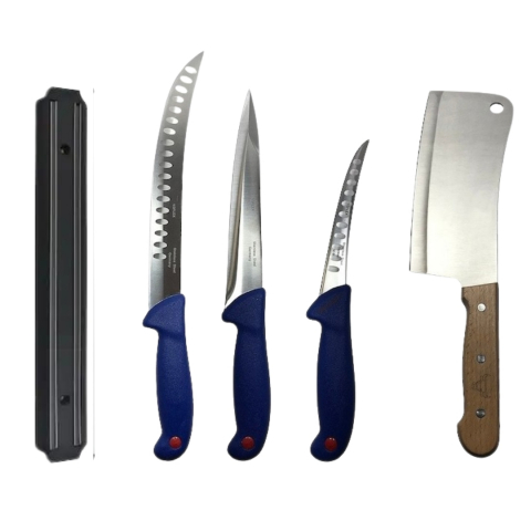 Cutite si tacamuri - Set profesional de macelarie, injunghiat, filetat, transat, dezosat, 3 cutite, satar, suport magnetic