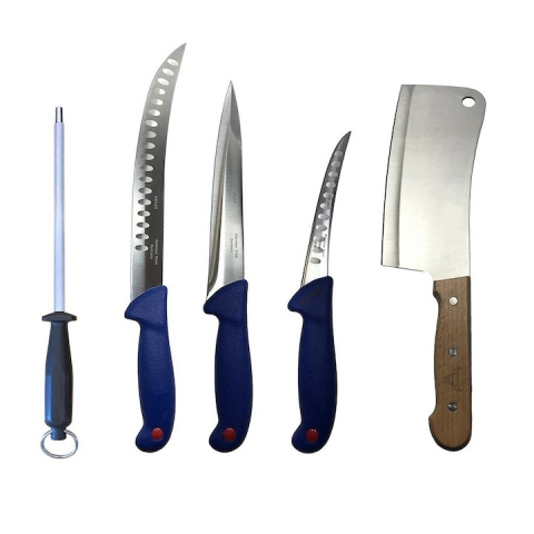 Cutite si tacamuri - Set profesional de macelarie, injunghiat, transat, dezosat, filetat, 3 cutite, masat pentru ascutit, satar