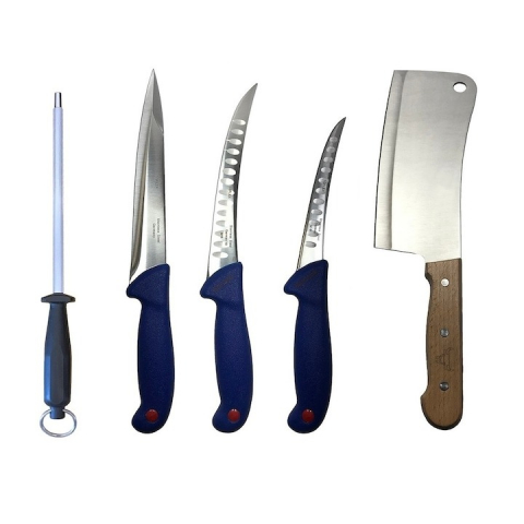 Cutite si tacamuri - Set profesional de macelarie, injunghiat, transat, dezosat, filetat, 3 cutite otel carbon, masat pentru ascutit, satar
