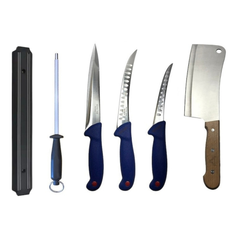 Cutite si tacamuri - Set profesional de macelarie, injunghiat, transat, dezosat, filetat, 3 cutite otel carbon, masat pentru ascutit, satar, suport magnetic